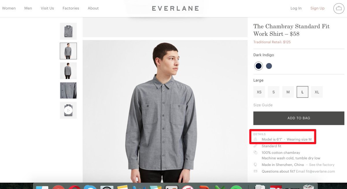 Ecommerce product page: real photo of model and additional information identifies the size for a better understanding of what item looks like. As well as amazing video. Meeting the customer expectations. #ecommerce #everlane