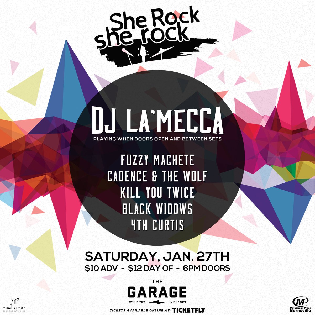 thegaragemn's tweet photo. T O N I G H T !! Come show your support at the @SheRockSheRock Fundraiser! Stacked lineup including @cadence_wolf @KillYou2x @4thcurtis , Black Widows, Fuzzy Machete and DJ La'Mecca! It's going to get crazy! Let's go girls! Doors are at 6:00! https://t.co/3hUlnvlCI1