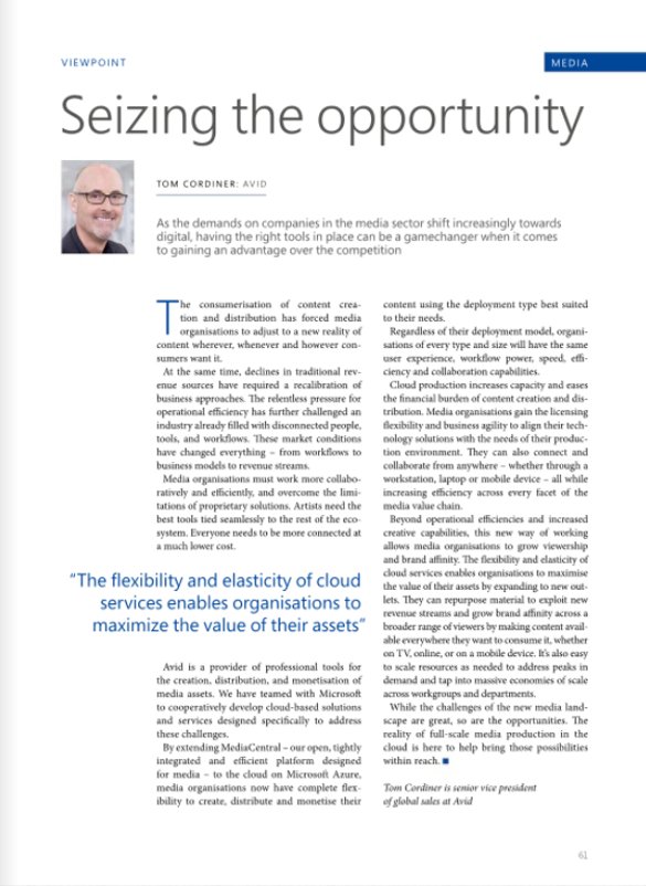 lhernandezjr's tweet photo. .@Avid's Tom Cordiner shares how we are helping our customers succeed in today's digital media landscape with MediaCentral's cloud-based solutions and services on @Microsoft's Azure platform.
https://t.co/4Vn1CGKWP1 (pages 58 and 61)
#Avid #Microsoft #TechnologyRecord https://t.co/twYAN9LbmS