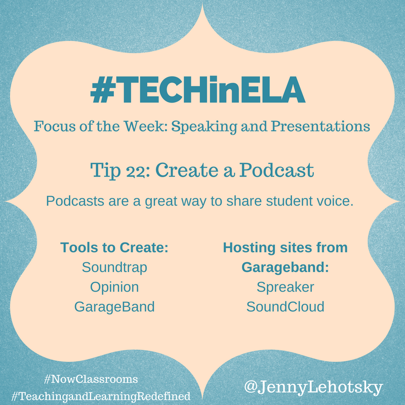 JennyLehotsky's tweet photo. Day 22 of #TECHinELA kicking off week 4 with increasing speaking skills through podcasting. #studentvoice
@soundtrap @spreaker @OpinionPod @SoundCloud 

#TeachingandLearningRedefined #Nowclassrooms #d100pride #elachat https://t.co/4KZfBjlaz3