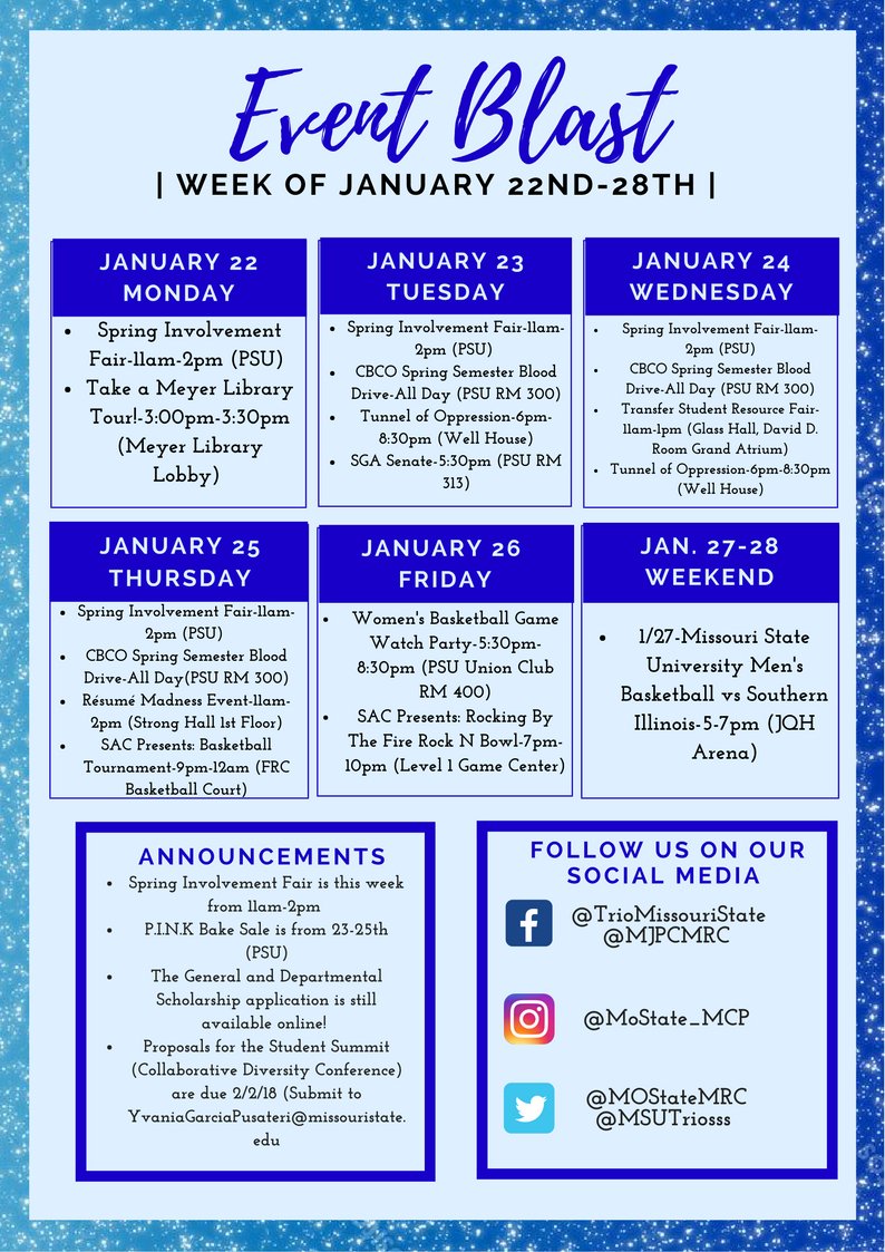 mostatemp's tweet photo. Check out some great events taking place on campus this week! In addition to following us, make sure to follow TRIO on twitter @MSUTRIOSSS and Facebook @TrioMissouriState
#BearsOfDifference #MulticulturalServices https://t.co/AIAbbRHbTL