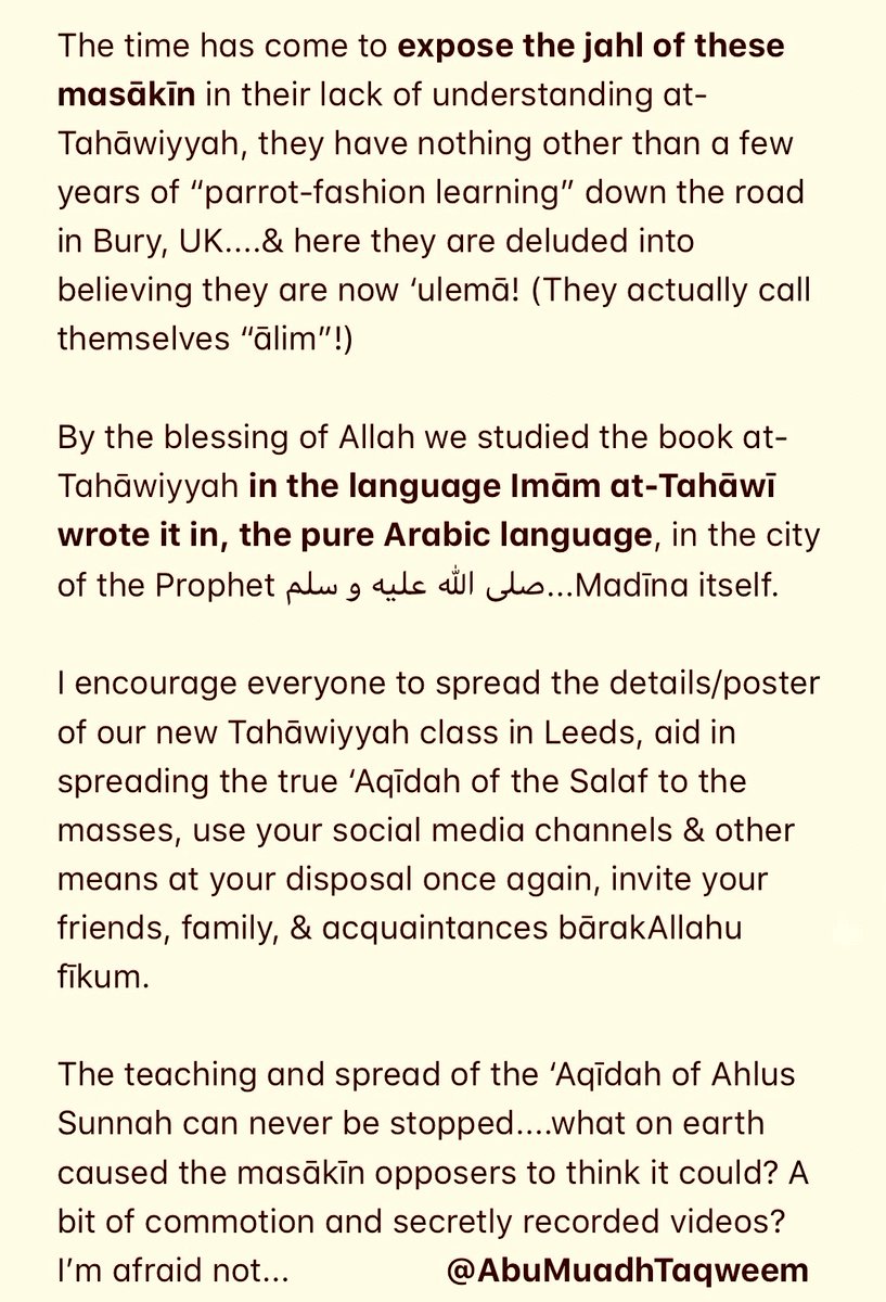 AbuMuadhTaqweem's tweet photo. Deobandis wish to lay claim to al-‘Aqīdah at-Tahāwiyyah as their own, they lie to their followers regarding the ‘Aqīdah of the Salafīs....

Starting THIS Sunday @SabeelLeeds the truth is to be revealed...we will begin at-Tahāwiyyah. 

Please check: https://t.co/U46pD9ZHTI https://t.co/60gTKAxP2i