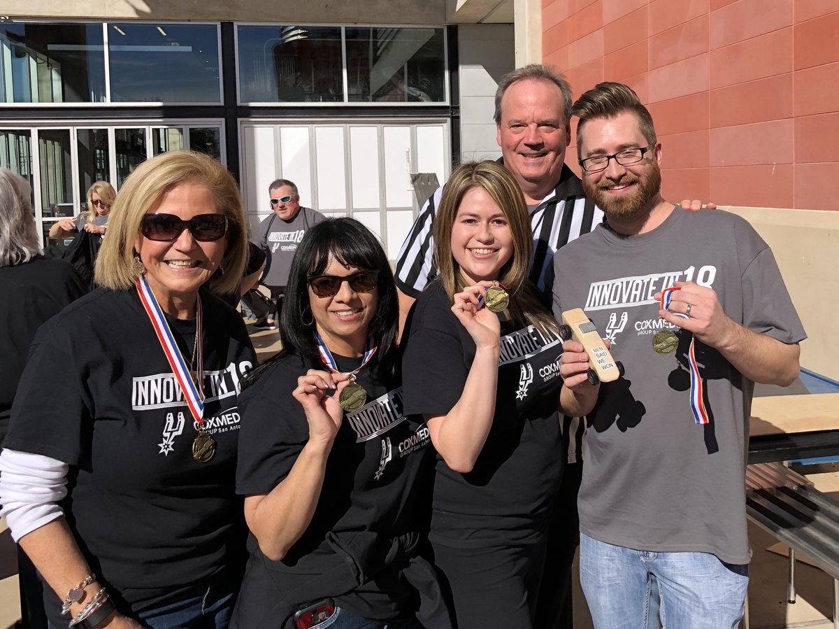 YoMelsey's tweet photo. We won first place with our pinewood race car derby! #CoxRox #SpursKickoffMeeting @spurs https://t.co/vZflNRnVno