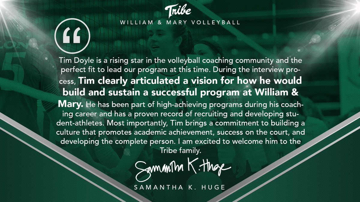 WMTribeVB's tweet photo. Our athletics director, Samantha K. Huge (@skh21), gives high praise to our new head coach Tim Doyle! #DigginDoyle #RisingTribe https://t.co/6aHEzEOY75
