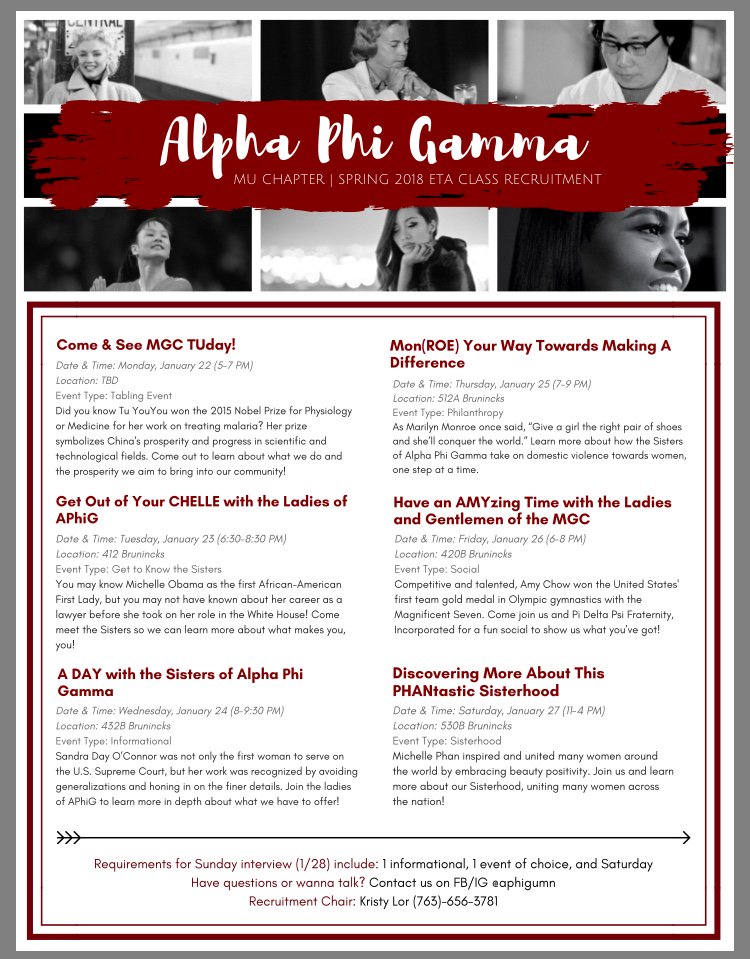 The ladies of Alpha Phi Gamma Sorority, Incorporated would love to meet you and your friends to spend the evening getting to know the passionate and determined ladies that make up their Sisterhood. Swing by Bruininks 412 any time TOMORROW from 6:30-8:30pm and say hey!