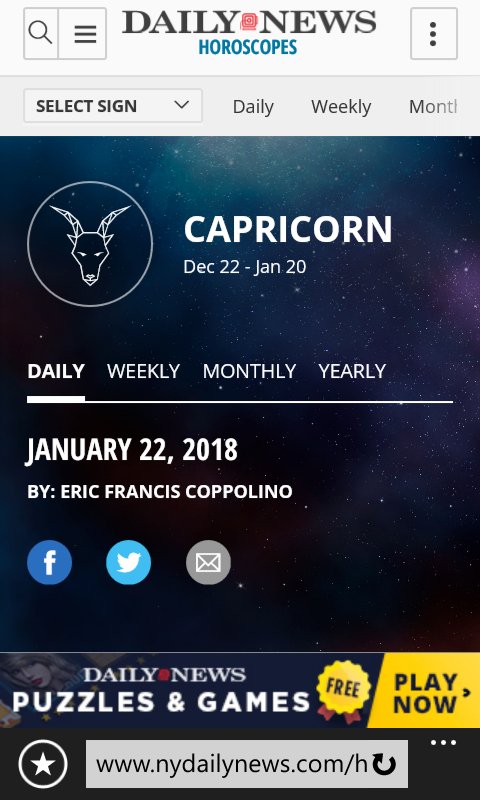EmilyPickle's tweet photo. @NYDailyNews hoping no news is good news? #Capricorn #horoscope 22nd Jan 2018 https://t.co/CsPtckMbJC