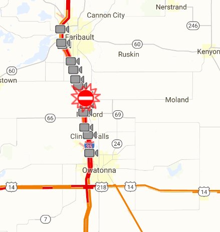 mndotsoutheast's tweet image. Traffic alert: I-35 between Owatonna and Faribault is shut down due to current weather conditions and multiple crashes in the area. Watch for updates. Please drive with caution and check 511mn.org for current road conditions and updates