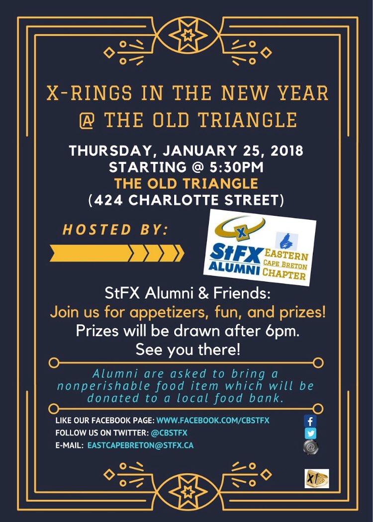 CBStFX's tweet image. The StFX Alumni - Eastern Cape Breton is hosting X-Rings in the New Year Social @ @OldTriangleSyd Thurs, Jan 25, 2018 starting @ 5:30. Please join us for appetizers + chance to win some X swag. Share our event on Facebook facebook.com/cbstx to be entered to win an X toque.