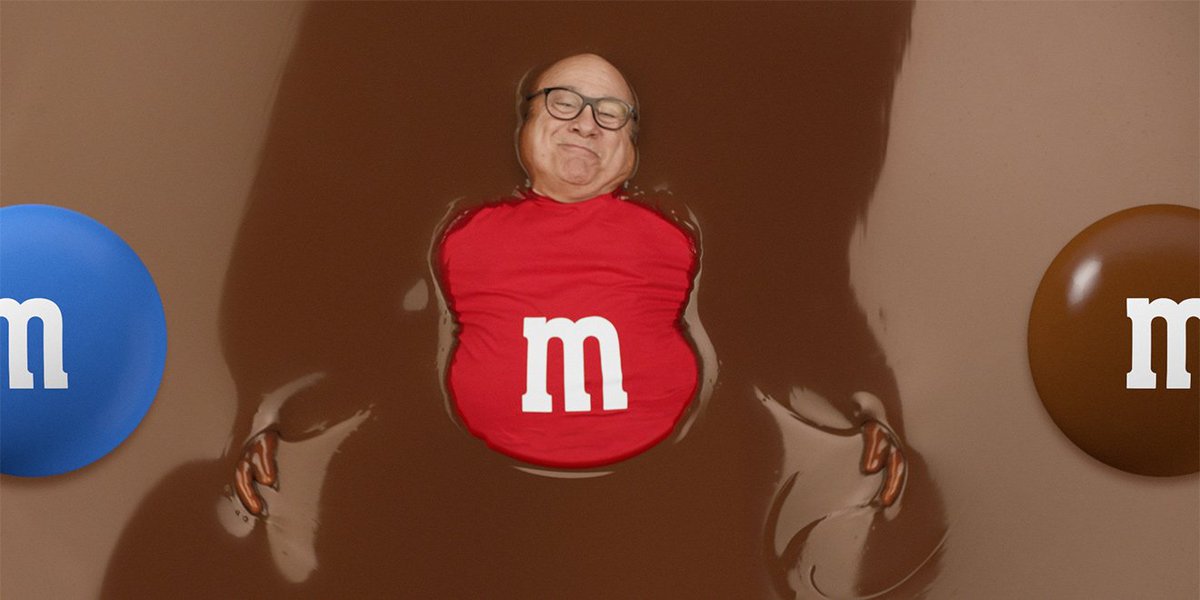 Adweek's tweet photo. M&amp;M’s put Danny DeVito in a chocolate pool to tease its 30-second Super Bowl spot: https://t.co/CehmqQXJPU https://t.co/QogUWuDS1V