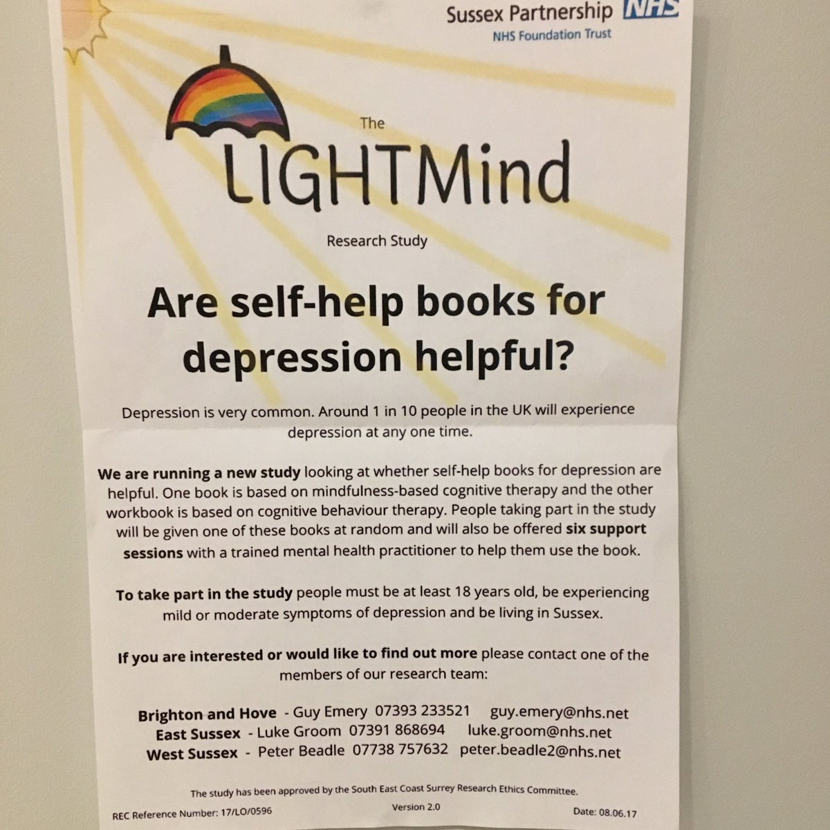 LIGHTMind Research Study😀-We are running a new study looking at whether self-help books for depression are helpful. To take part must be aged 18, experiencing mild or moderate symptoms of depression and live in Sussex, inc. Brighton &amp; Hove. See poster for further details! 😀