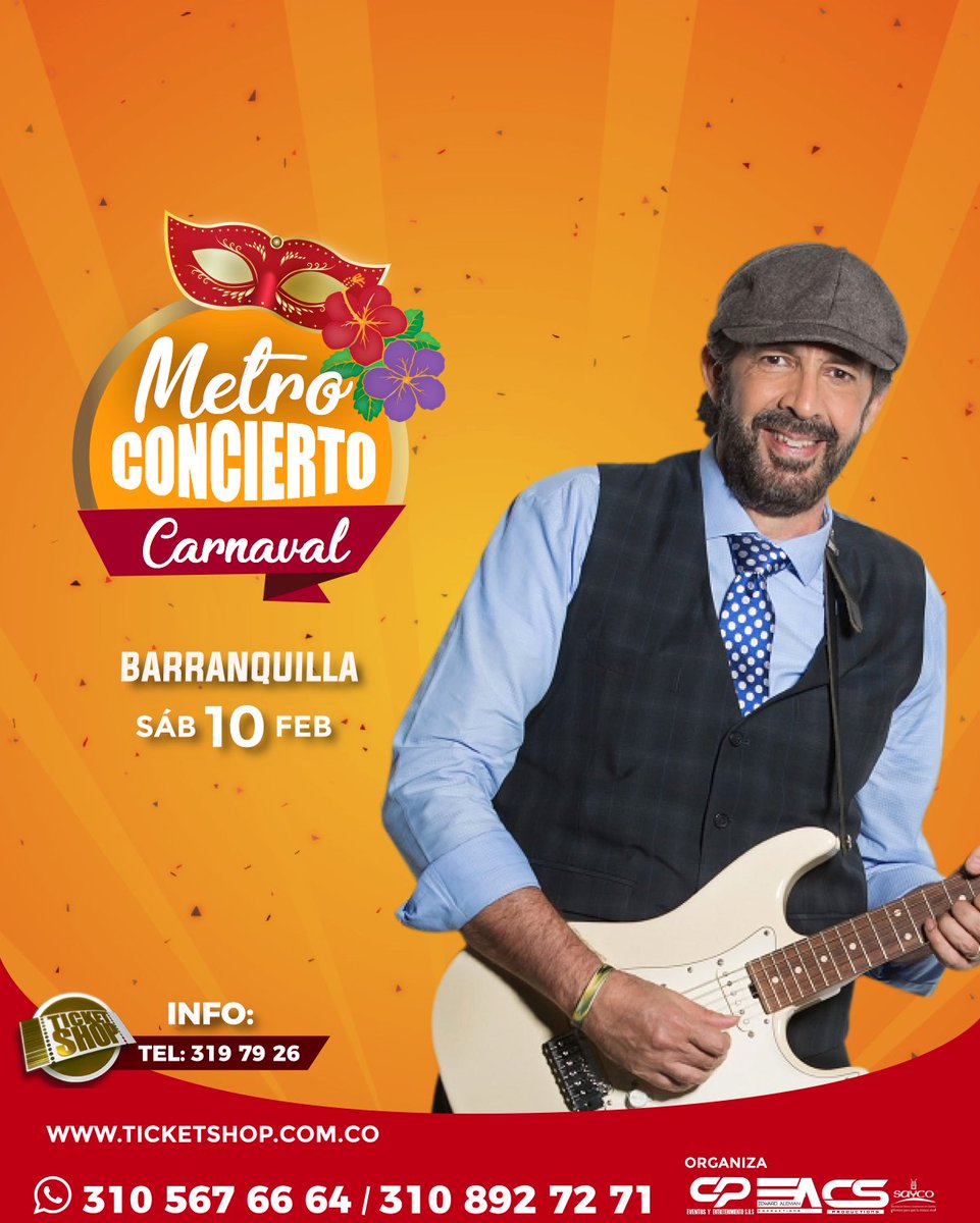 JuanLuisGuerra's tweet photo. ¡Barranquilla! ¡Los esperamos a todos el Sábado 10 de febrero en el Metroconcierto de #CarnavalDeBarranquilla! https://t.co/fmU4CWoWk2