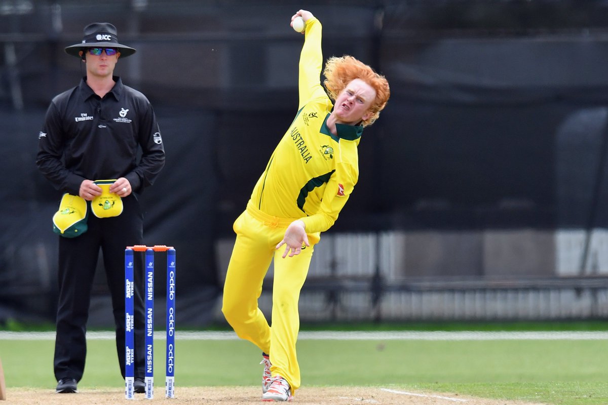 cricketworldcup's tweet photo. We've got an #U19CWC thriller on our hands in Queenstown! Lloyd Pope takes five wickets before the lunch break to leave England 79/5 in pursuit of 128 to win. Are Australia on top?

#ENGvAUS LIVE ➡️ https://t.co/T2PvYgiw1O https://t.co/CFyyzQRktr