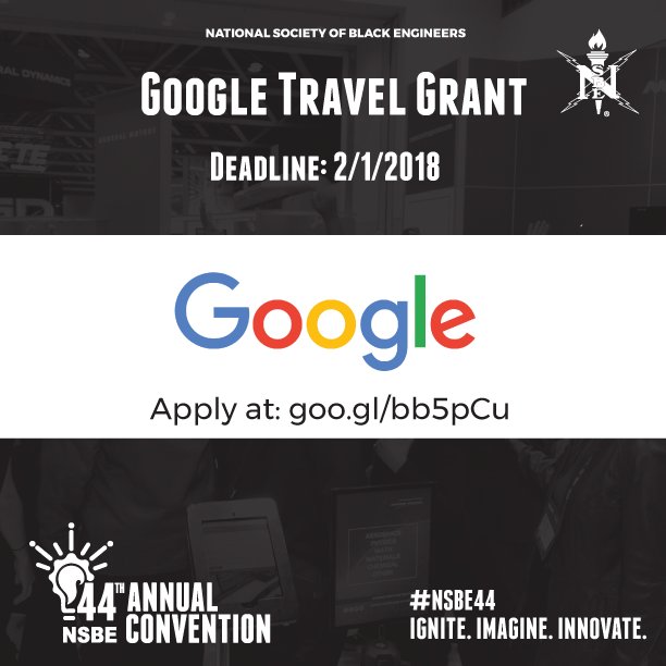 NSBE's tweet photo. Would you like Google to pay for your travel and housing at #NSBE44? First, REGISTER for #NSBE44 at: https://t.co/pcCXozsDKg. 
Then, apply for the Google Travel Grant here by 2/1: https://t.co/Ykevuk8rym
You must register for #NSBE44 to be eligible for the Google Travel Grant! https://t.co/Cx9SFHcod2