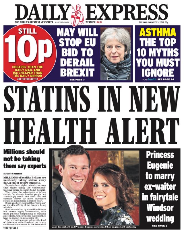 Tuesday's Daily Express "Statins in new Health Alert