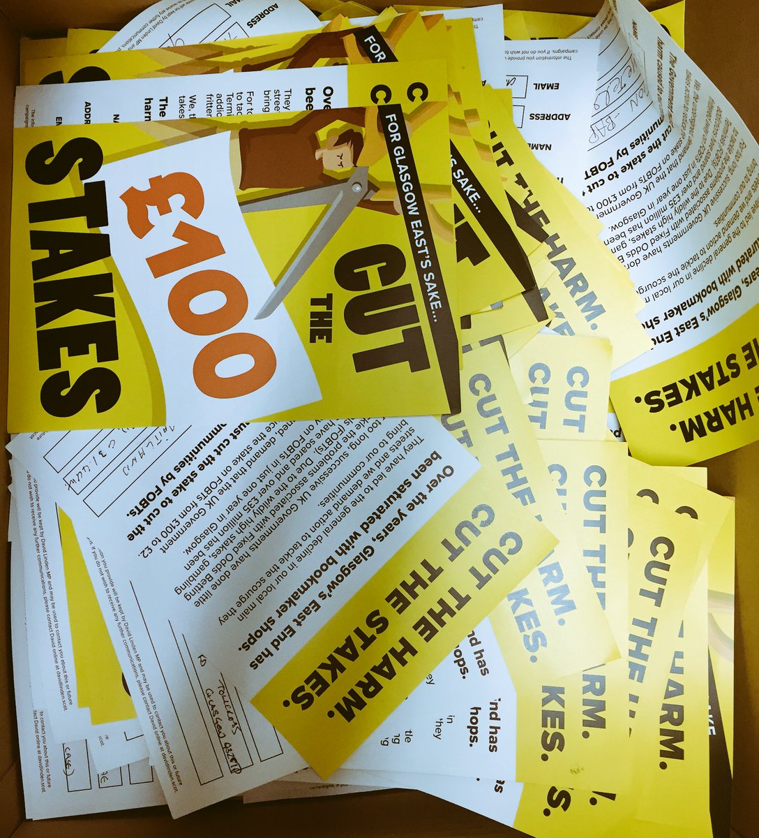 DavidLinden's tweet photo. Heading to Downing Street tomorrow to hand over this box full of messages from Glasgow East, demanding that the UK Government cuts the FOBT stake from £100 to £2. #CutTheHarm #CutTheStake @fobtappg @StoptheFOBTs https://t.co/ekaj2gE6JG