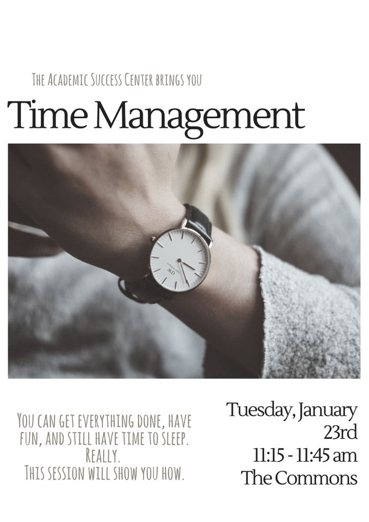 Stop by the Commons tomorrow from 11:15-11:45 am for some quick tips on time management! #smarternotharder