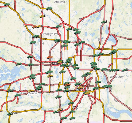MnDOT's tweet image. MnDOT plows are out in force. 
Our drivers will continue to work until roadways are cleared. Give them room to do their job. And remember, a slow trip home is better than a quick trip to the ditch.