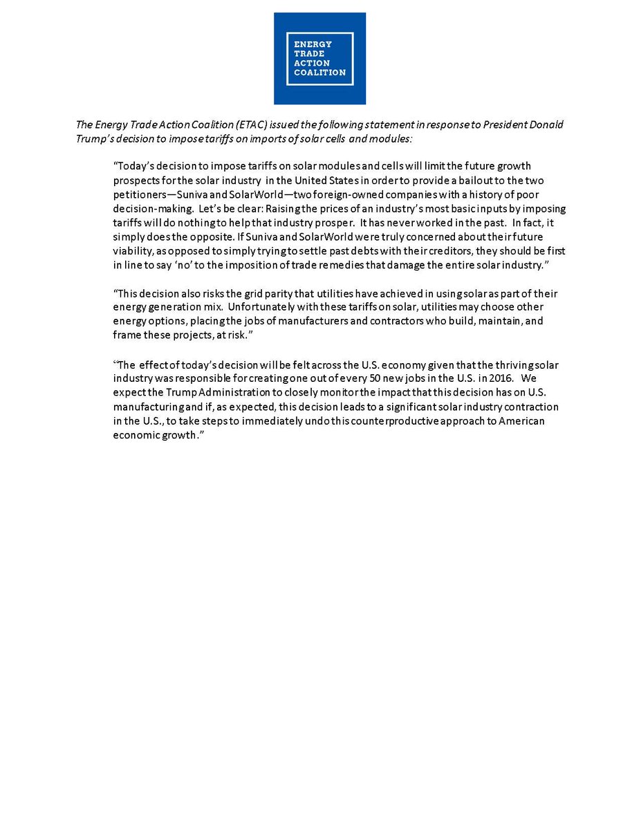 EnergyTradeAC's tweet photo. Read our statement in response to President Trump's decision on Section 201 #solar tariffs here: "Let’s be clear: Raising the prices of an industry’s most basic inputs by imposing tariffs will do nothing to help that industry prosper."

 https://t.co/GulJYtM73g https://t.co/JUVWgElcOf