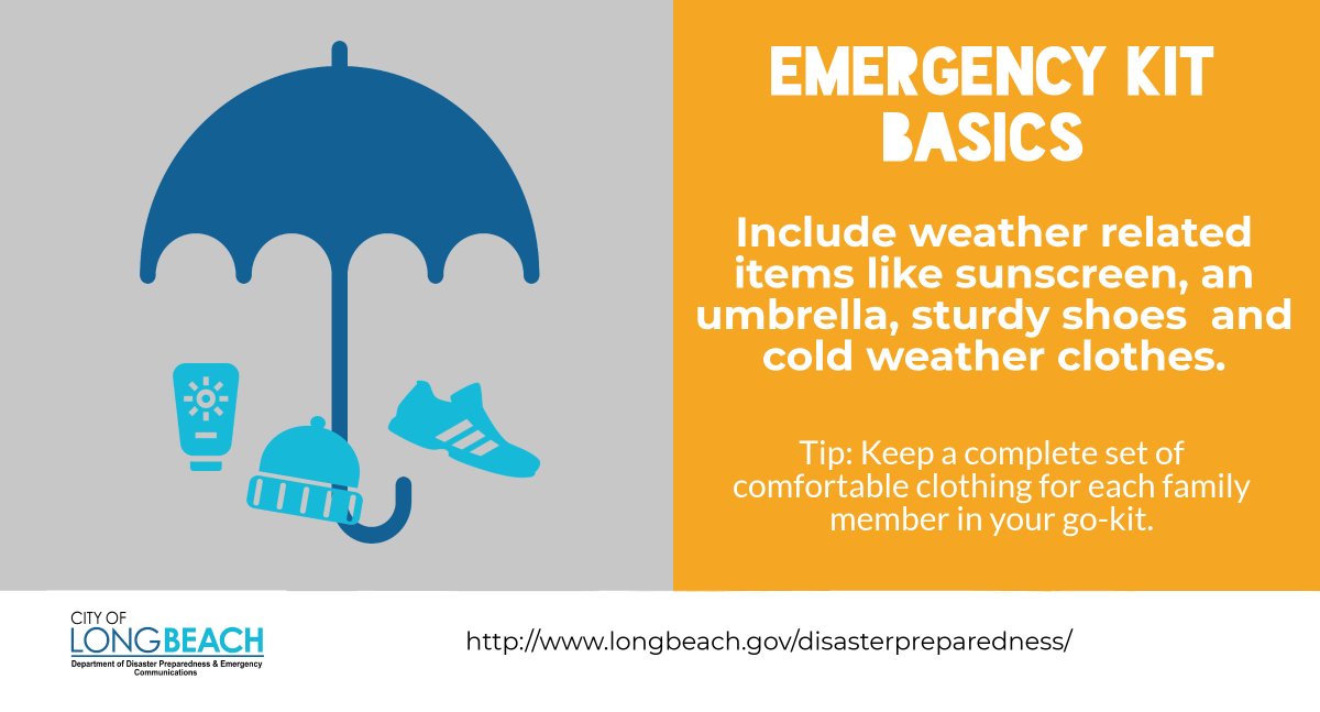 LBDisasterPrep's tweet photo. Disasters happen in all kinds of weather ☀️🌧️💨🌫️ and at all times of the day😴! Be prepared by having weather related items in your emergency and go-kits like hats, sturdy shoes, blankets, sunscreen and other weather related items. #EveryKitShouldHaveLB https://t.co/84PUAhwhVG