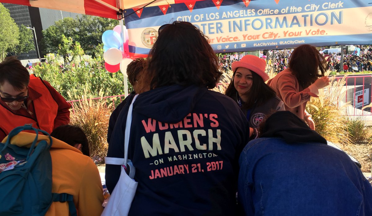 LACityClerk's tweet photo. @LACityClerk this weekend at the @WomensMarch registering voters and distributing Candidate Filing Guides. Thanks @CASOSvote for stopping by our booth &amp; @ shout out to our partner @LACountyRRCC!

#registertovote #womensmarchla #LACityVotes https://t.co/mvKwqfGhDh