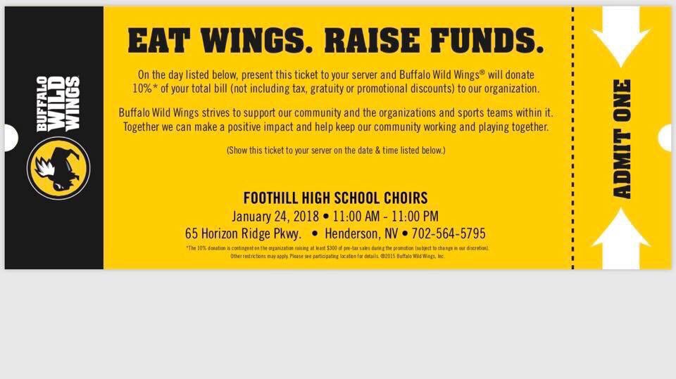 Foothill_Choir's tweet image. Our Buffalo Wild Wings fundraiser is this Wednesday!! Take the fam out to eat and support our awesome program!!