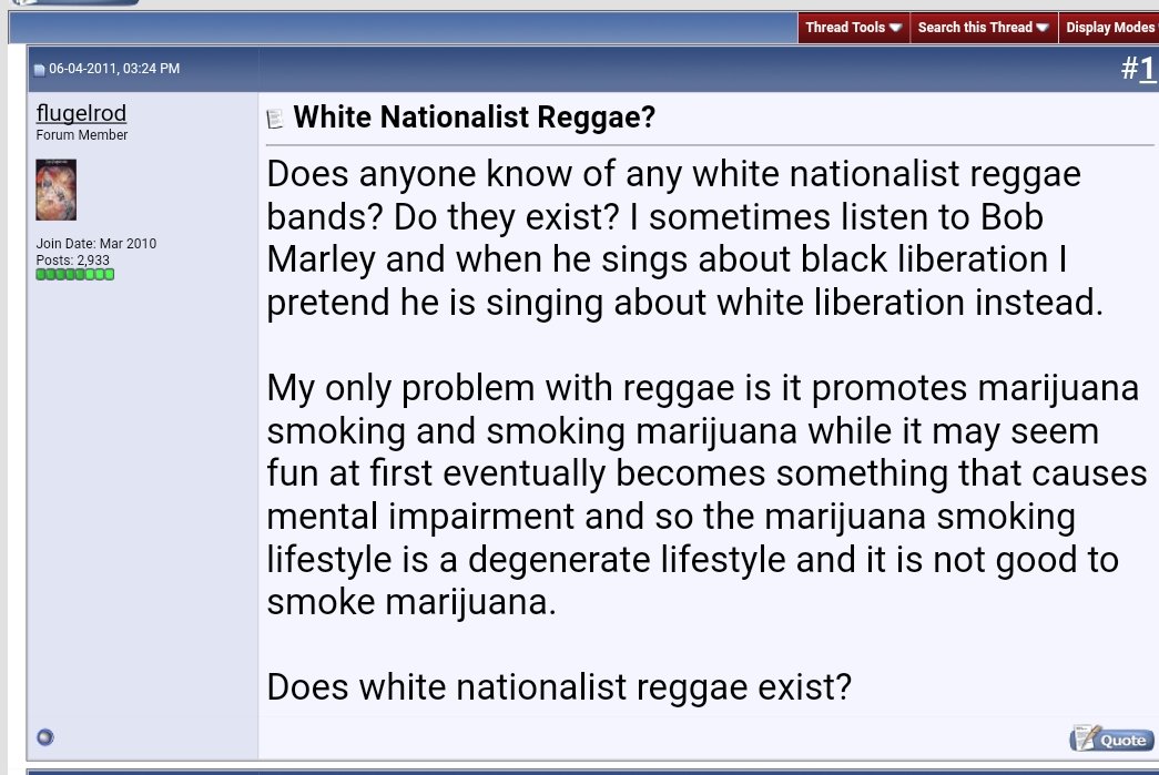 White.
Nationalist.
Reggae.