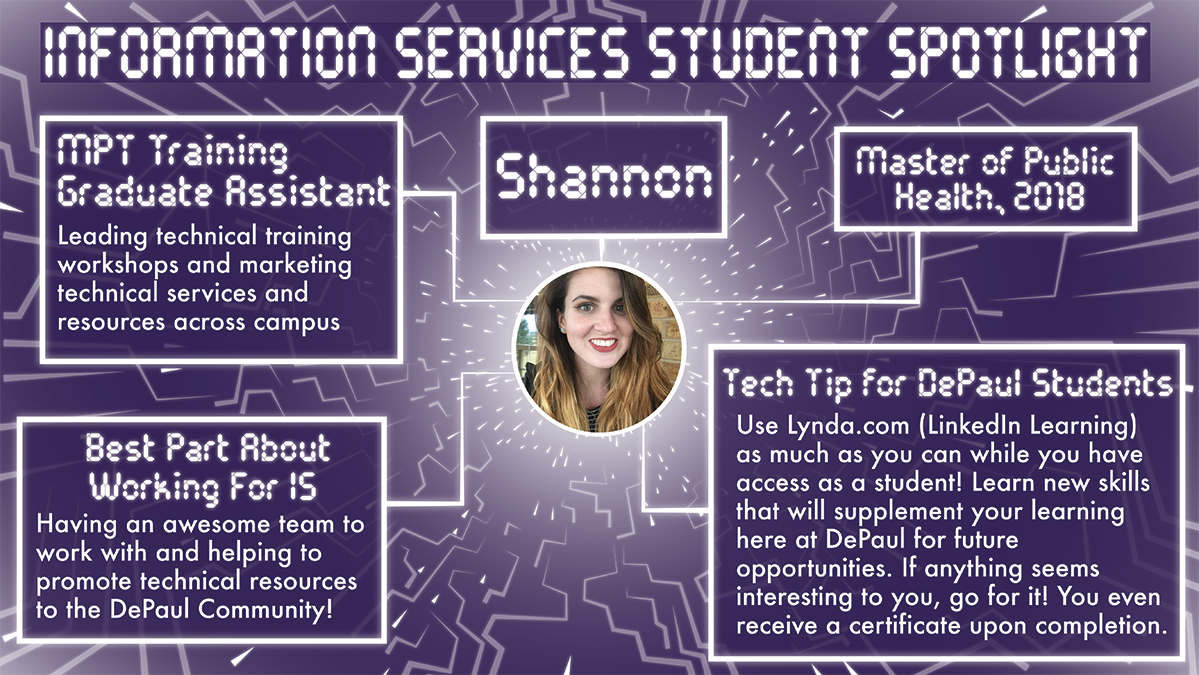 DPUInfoServices's tweet photo. Shannon, the Media Production &amp; Training Graduate Assistant in Information Services, has been instrumental in getting the word out on campus about https://t.co/147nQSzwQ0. Information Services has the best student employees! #StudentsofIS #DePaul #lynda https://t.co/IFasf9a3RZ https://t.co/RjXbivcmcJ