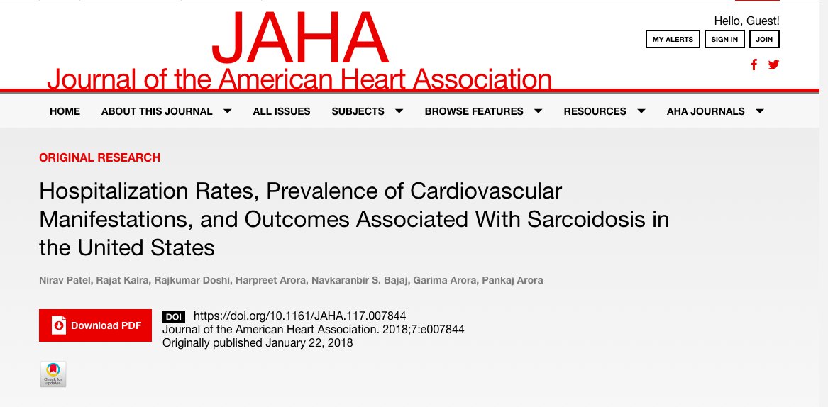 Cardiovascular manifestations and Outcomes associated with #Sarcoidosis in US @JAHA_AHA @UABNews @NSLIJ_Research @WileyCardiology #JAHA #CVOutcomes  jaha.ahajournals.org/content/7/2/e0…