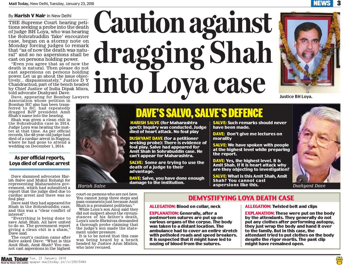 harishvnair1's tweet photo. #JudgeLoyaHearing As Adv. Dushyant Dave for one of the petitioners repeatedly dragged in name of Amit Shah, Justice D Y Chandrachud said since “as of now it’s a natural death & even you consider it to be so”, please do not cast aspersions on people in power. https://t.co/aObTiXXzMt
