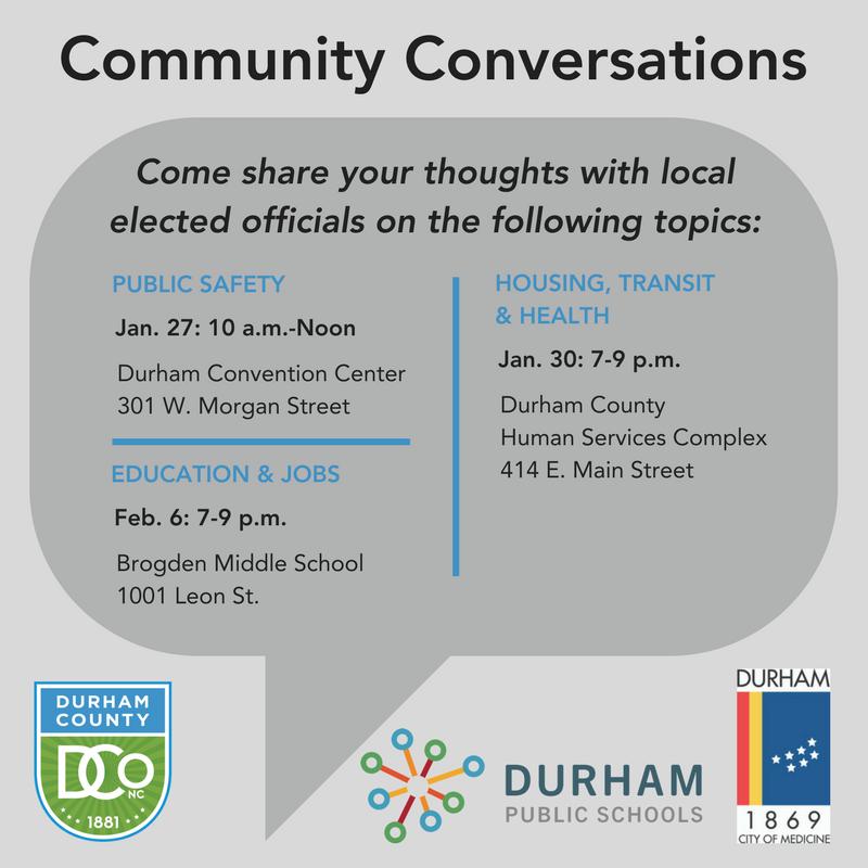 DurhamCounty's tweet photo. The first of three Community Conversations between local elected officials and Durham residents is Saturday, Jan. 27. It will focus on Public Safety and be held at the Durham Convention Center, 301 West Morgan Street, from 10 a.m.-noon.
More info here: https://t.co/fUM9820d2o https://t.co/ysxttDrkuF