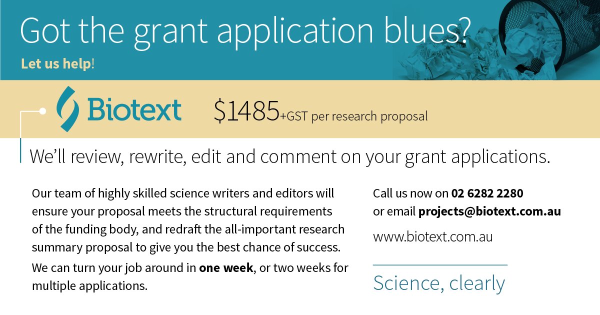 Biotext_Science's tweet photo. We're here to take the headache out of #grant #writing &amp; applications. Biotext's expert writers &amp; editors have specialist knowledge in #health, #agricultural and #environmental sciences. Email projects@biotext.com.au #scicomm #ScienceClearly https://t.co/RGdVUDlwsE