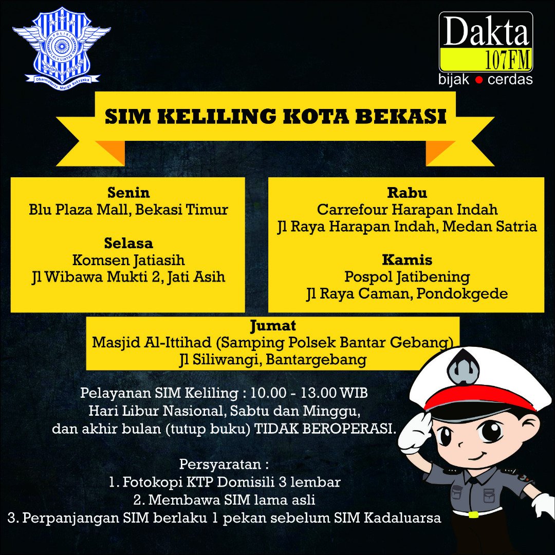 RadioDakta's tweet photo. #DaktaInfo Jadwal #SIMKeliling Kota Bekasi, Selasa (23/1) pukul 10.00 - 13.00 WIB di Komsen Jatiasih, Jl Wibawa Mukti, Jatiasih, Kota Bekasi. Cc @Satpas1220 @SatlantasBekasi https://t.co/WRDax4dmDw