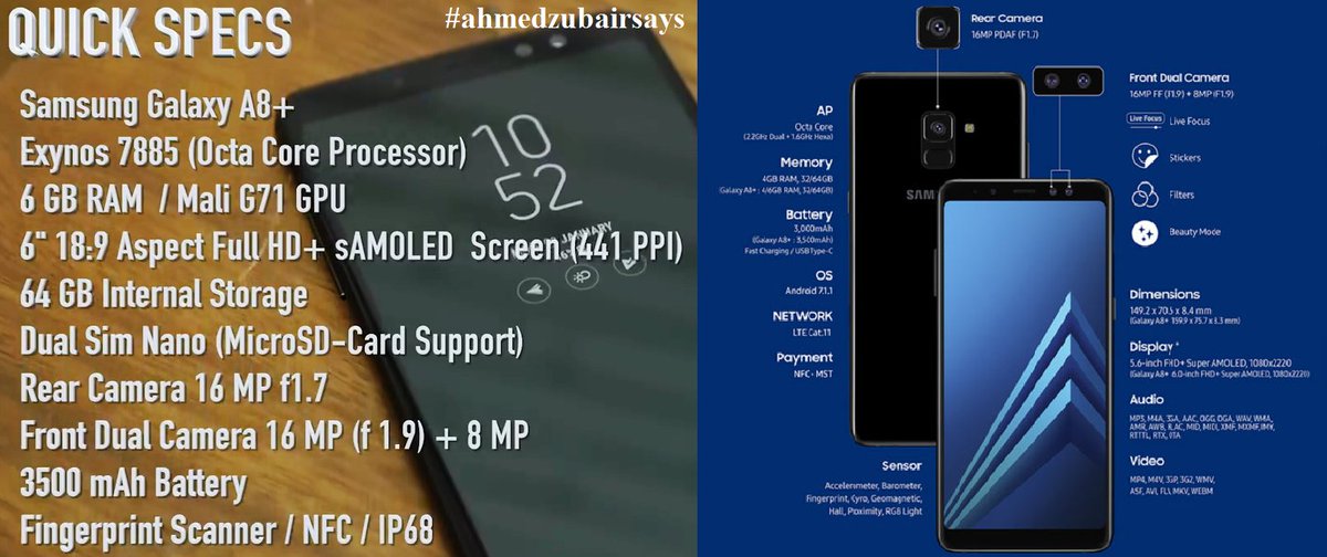 ahmedzubairsays's tweet photo. #ahmedzubairsays #Samsung #user #consumers #tech #tech2018 #new #launch #Latest #smartphone #SamsungA8plus #SamsungA8 with #Exynos #exynos7885 #octacore #dualselfie #dual #selfie #Bluetooth5 #GorillaGlass5 #SuperAMOLED #display18:9ratio #usbC #NFC #fingerprint for #specs image https://t.co/dpndPsu1EA