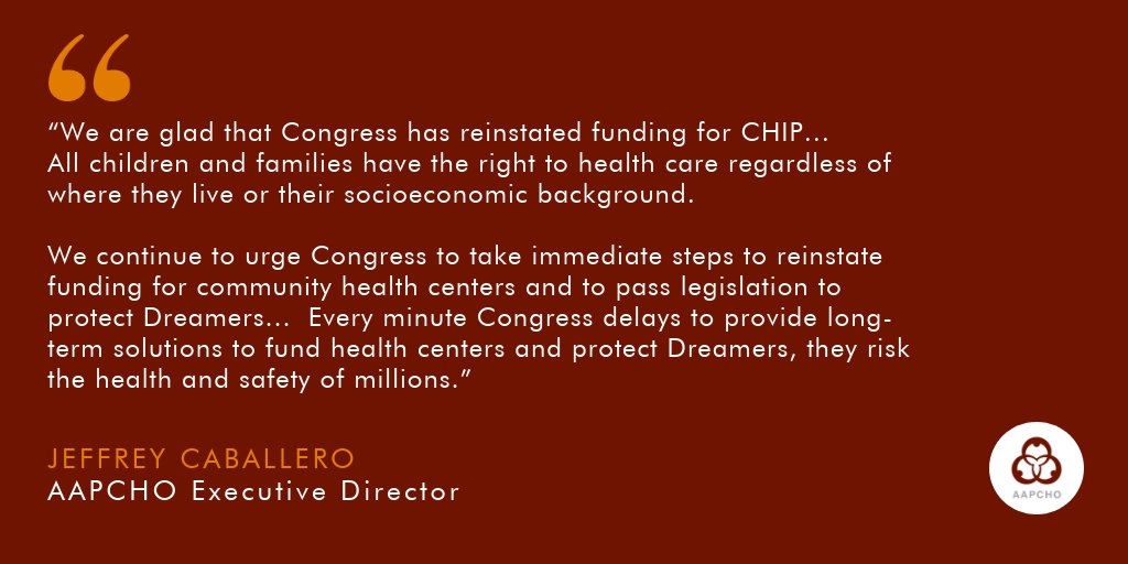AAPCHOtweets's tweet photo. AAPCHO responds to short-term agreement to end government shutdown—supports extension of #CHIP, continues to push for Health Center Program funding and support for Dreamers. Read full statement here: https://t.co/x6uE0ogsYw #fixthecliff #ProtectDreamers https://t.co/IMD1NtGsjf