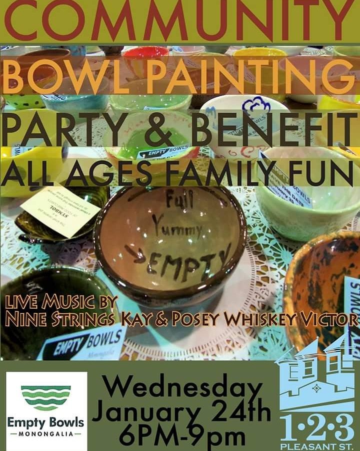 123pleasant's tweet photo. This Wednesday come paint bowls for a good cause. Empty Bowls Mon Community Bowl Painting Party 6-9PM
@EmptyBowlsMon 
https://t.co/pZeQ4jmbvC
#123Pleasant #Morgantown
#WestVirginia #WVU #Mountaineers #HailWV #WV #MountaineerNation #GoldNBlue #GotoWV #PressVirginia #Huggstown https://t.co/UzkWv9OVdP