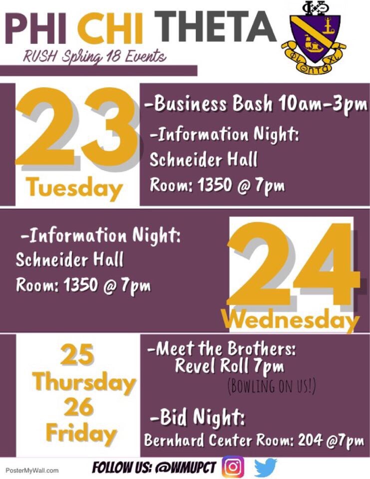 WMUPCT's tweet photo. 🚨ATTENTION ‼️ Do you want to enhance your interview skills? Make the perfect resume AND cover letter? Network with major companies? Well join us this week starting off at Business Bash to see what we have to offer! #rushPCT #rush2018 #PhiChiTheta #GetConnected 💜💛 https://t.co/i9dGbEhca8