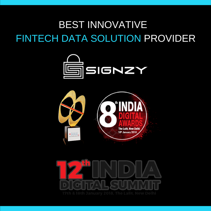 TeamSignzy's tweet photo. First award of 2018… As we ring in the new year, we feel honoured to have been recognized as the Best Innovative Fintech Data Solution Provider at the #8IDA - India Digital Award at IAMAI. Thanks @IAMAIForum for the recognition. #12IDS #fintech #Blockchain #AI #digitalbanking https://t.co/biPSdRXjKQ