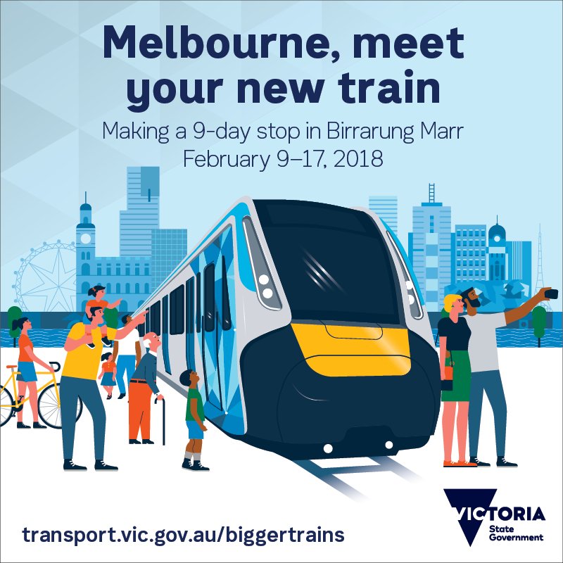 VicGovAu's tweet photo. Want a sneak peak of Melbourne’s new train? A life-size model will be making a 9-day stop in Birrarung Marr this February. Check it out at https://t.co/pkGsUNbMVj #biggertrains https://t.co/Y3O8Hg5EBx