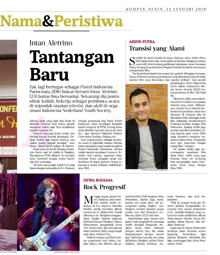 Arifin Putra di <a href="/hariankompas/">Harian Kompas</a> Senin 22 Januari 2018.