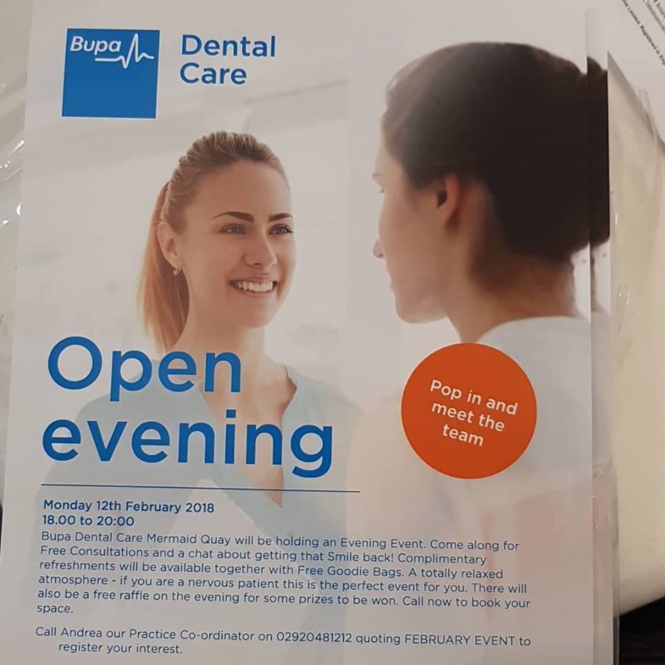 Bupa Dental Care in Mermaid Quay are having an open evening on Monday 12th February. Pop in and discuss how to get that smile back, meet the lovely team and have a cuppa! #dentalcare #Cardiff #smile
