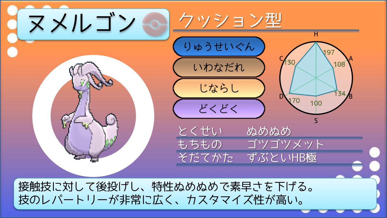 てつぼう ポケモンusum育成サンプル クッションヌメルゴン 接触技 よみで繰り出し素早さを下げる ぬめぬめしてくれればいいので技構成は自由 特防は素で高いので 相手の特殊アタッカーと殴り合うことも T Co Hr3wdi3yyd Twitter