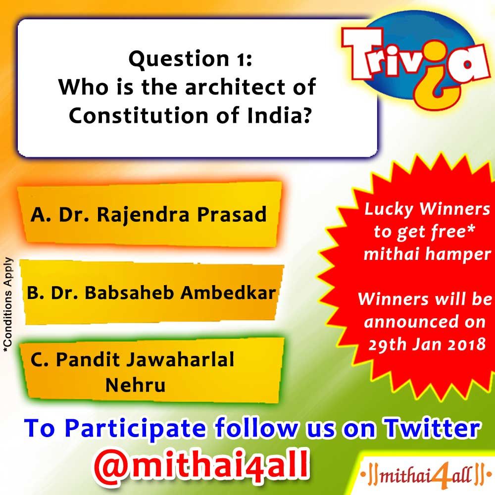 mithai4all's tweet photo. #Contest
Mithai4ll's #Republicday Special Trivia Contest (23rd Jan. to 27th jan.2018)!
Follow us at @mithai4all to participate
Lucky Winners will get Free* Mithai Hamper
RT &amp; Invite your friends to join the contest

*conditions apply https://t.co/yhFLpuWkSq