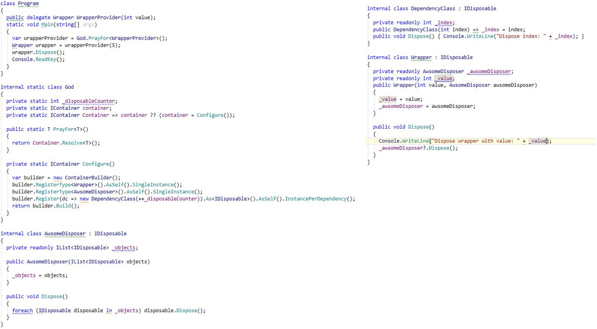 FilipDev's tweet image. Another example of autofac usage. Easy implementable in #unity3d.
Would you like to add non registered values into your container-resolved objects?
Just use delegate to provide these values and let autofac do the rest.
#gamedev #indiegamedev #dotnet #csharp