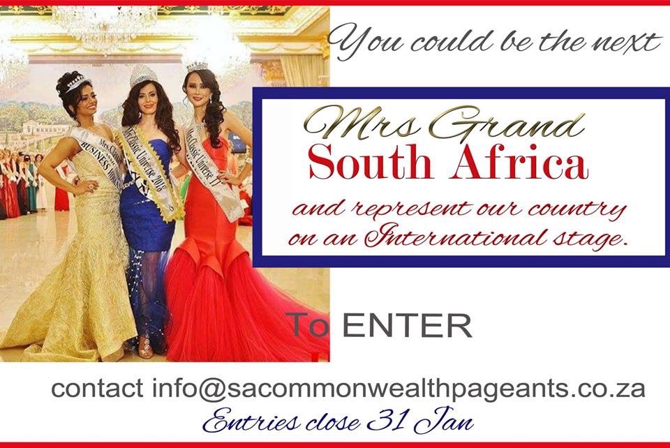 MrsGrandSA's tweet photo. Are YOU the next Mrs Grand South Africa, open to married AND divorced women. Contact info@sacommonwealthpageants.co.za for the entry form. Entries close 31 Jan! https://t.co/k1JFWNG0s8
