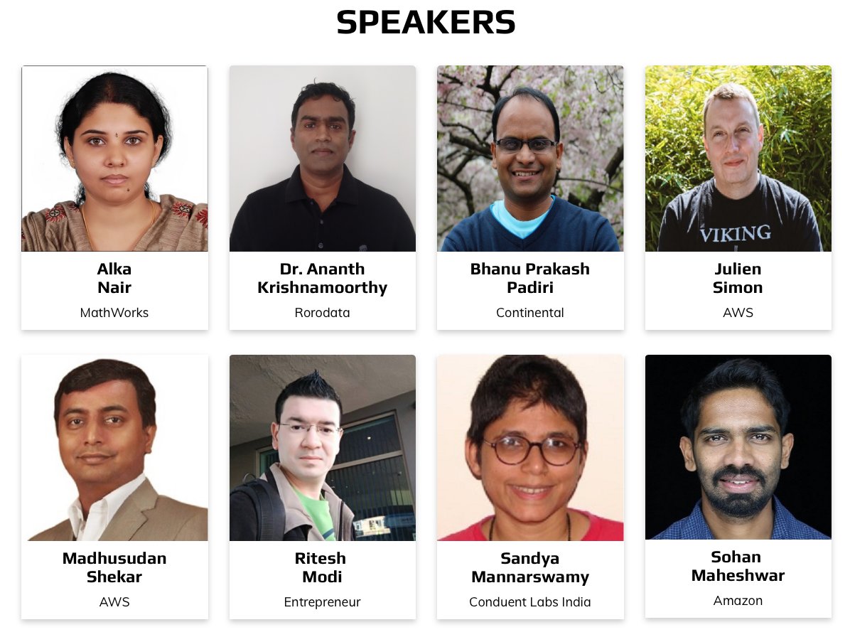 GSamarthyam's tweet photo. Join us with Alka Nair @MathWorks, Dr. Ananth Krishnamoorthy @rorodata, Bhanu Prakash Padiri @Continental, Julien SIMON @Amazon Web Services, Madhusudan Shekar @Amazon Web Services, Ritesh Modi, Sandya Mannarswamy @Conduent, Sohan Maheshwar @amazon in https://t.co/qlSZXMsGNC https://t.co/zxJhRVKQC4