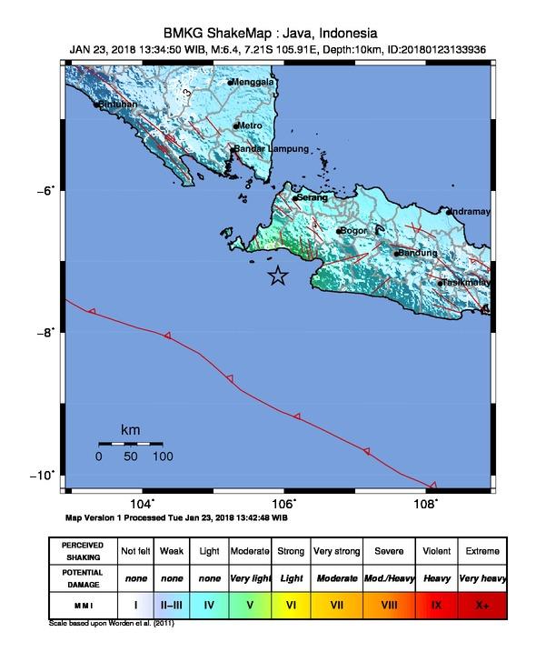Info Gempa Mag:6.4 SR, 23-Jan-18 13:34:50 WIB, Lok:7.21 LS,105.91 BT (81 km BaratDaya LEBAK-BANTEN), Kedlmn:10 Km ::BMKG