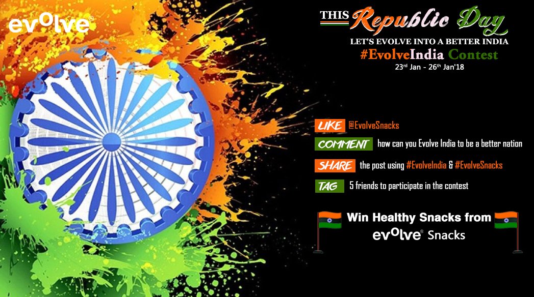 EvolveSnacks's tweet photo. This #RepublicDay let's #Evolve #India to be a better #nation.
โข #Follow @EvolveSnacks
โข #Share your thoughts to #EvolveIndia into a better #Country
โข #Retweet & #Tag 5 friends to participate in the #contest
.
#ContestTime #ContestAlert #ContestAlertIndia #RT #EvolveSnacks https://t.co/PLBoSa1EIe