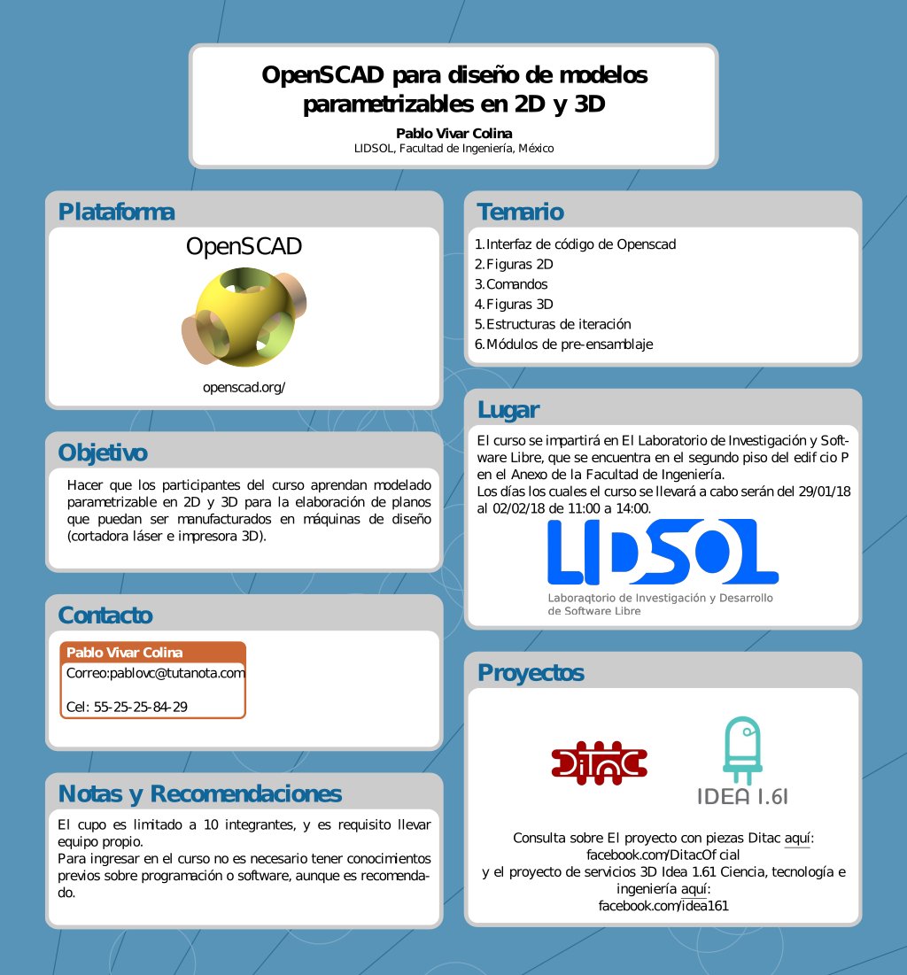 LIDSOL's tweet image. Curso de OpenScad básico, recomendado para personas que no tienen conocimientos previos del tema y que les atrae el diseño 2D y 3D
Del 29 de Enero al 2 de Febrero de 11 am a 2 pm
Limitado a 10 personas
Envia un correo a pablovc@tutanota.com
Temario en: lidsol.net/talleres/0003_…