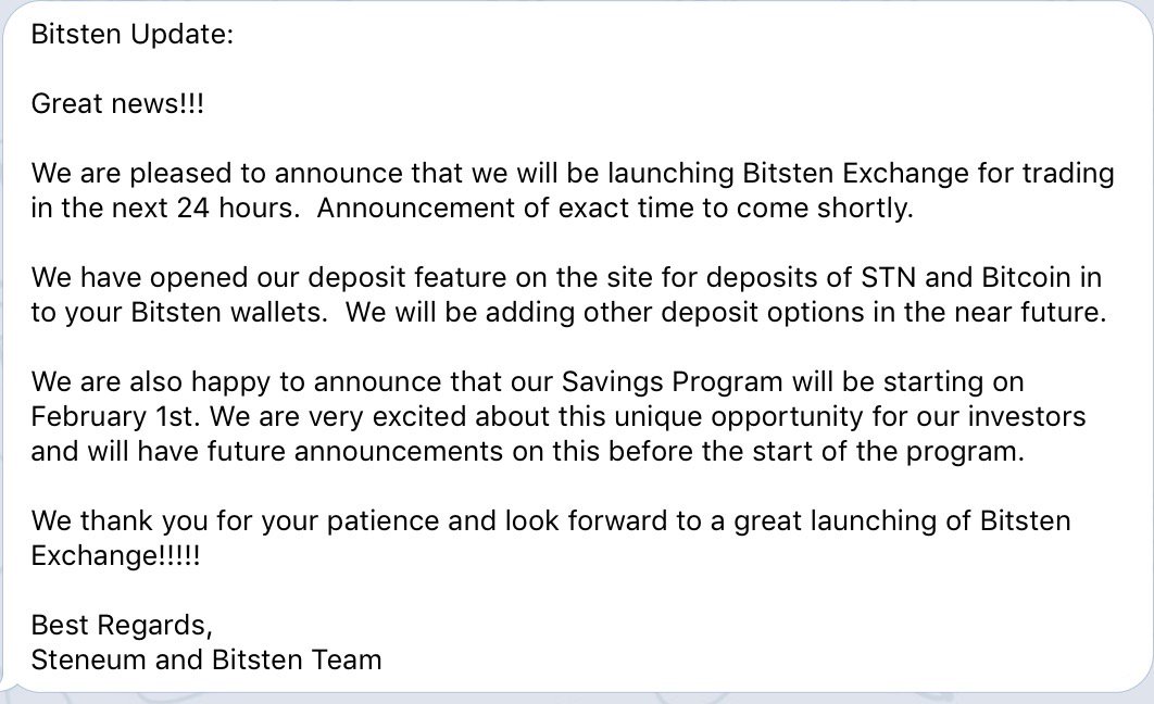 SteneumOfficial's tweet photo. Bitsten Update:

Great news!!!

We are pleased to announce that we will be launching Bitsten Exchange for trading in the next 24 hours.  Announcement of exact time to come shortly. https://t.co/6KmlC0aUCt