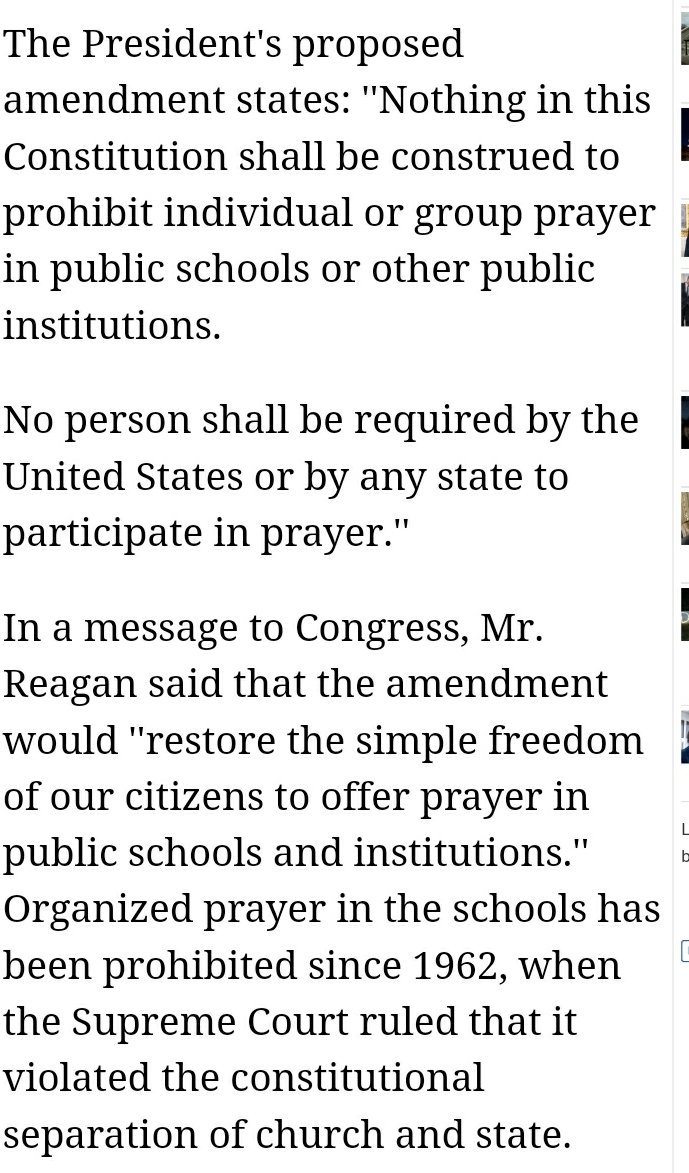 7. Ronald Reagan proposed a constitutional amendment to allow prayer in public schools  http://www.nytimes.com/1982/05/18/us/reagan-proposes-school-prayer-amendment.html